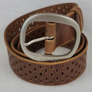 Calvin Klein Womens Vintage Brown Perforated Leather Belt Brass Buckle Small